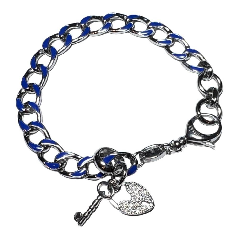 FOSSIL Bracelet Silver tone & Blue Curb Chain Crystal Heart Keyhole & Key Charms - Picture 4 of 4